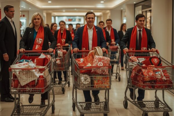 V-toppar firar sänkt partiskatt med shoppinglista – proletariatets konsumtionsbehov äntligen tillgodosedda